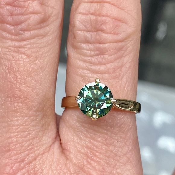 14k Yellow Gold 1 Carat Teal Blue / Aqua Diamond Moissanite Engagement Ring - Picture 9 of 14